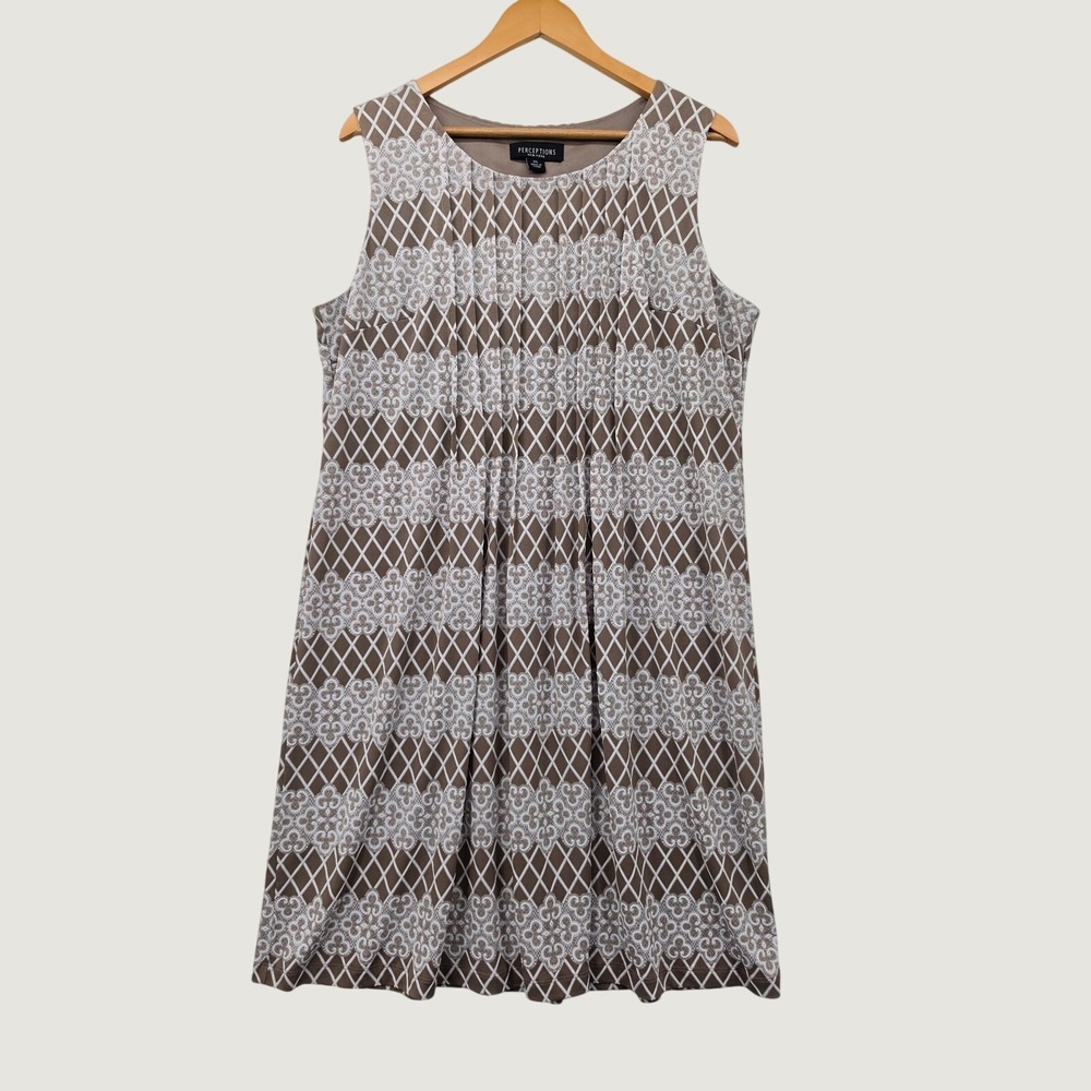 Perceptions New York Dress XL Taupe Brown White Geometric Lattice Pleated Shift